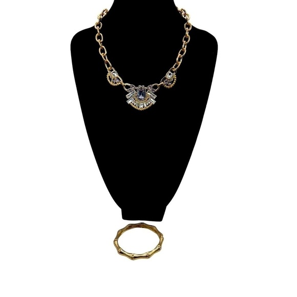 Vintage Gold-Tone Statement Necklace & Bracelet Set With Rhinestones & Crystals - Picture 1 of 8